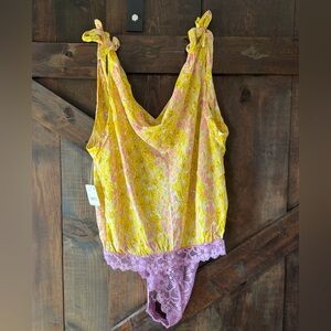 Yellow Floral Bodysuit Chemise with Purple Lace Trim